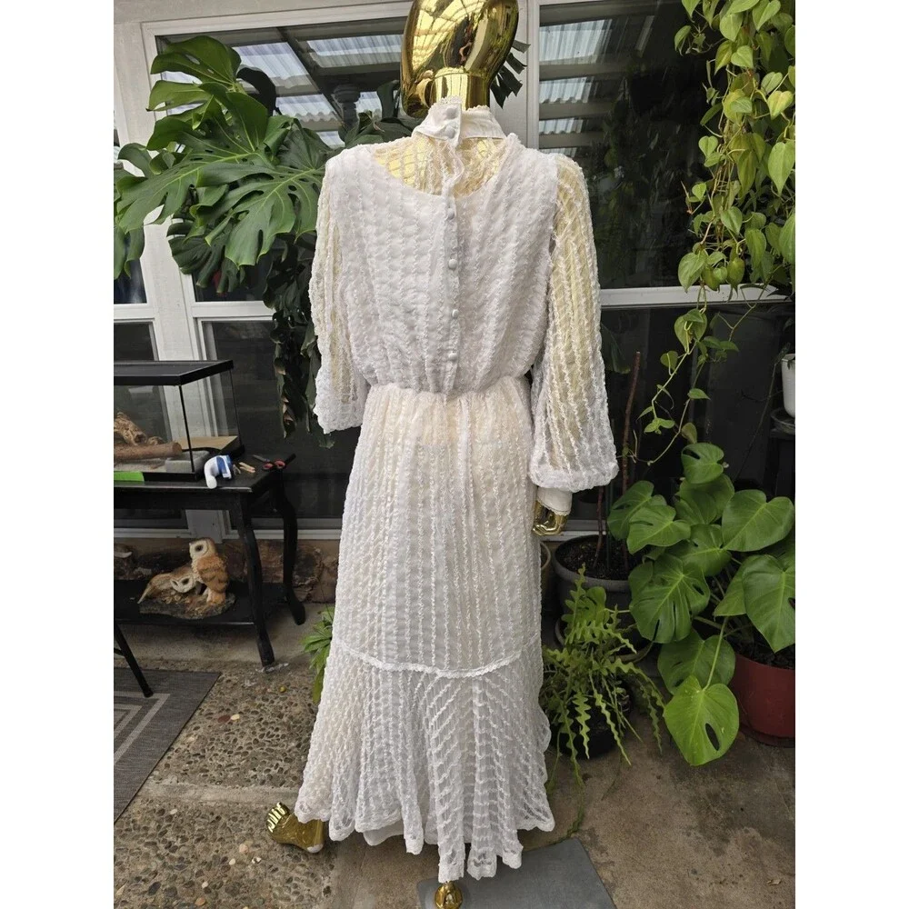 Vintage Recollections Lace Prairie Dress White Cottagecore Victorian L - Picture 7 of 15